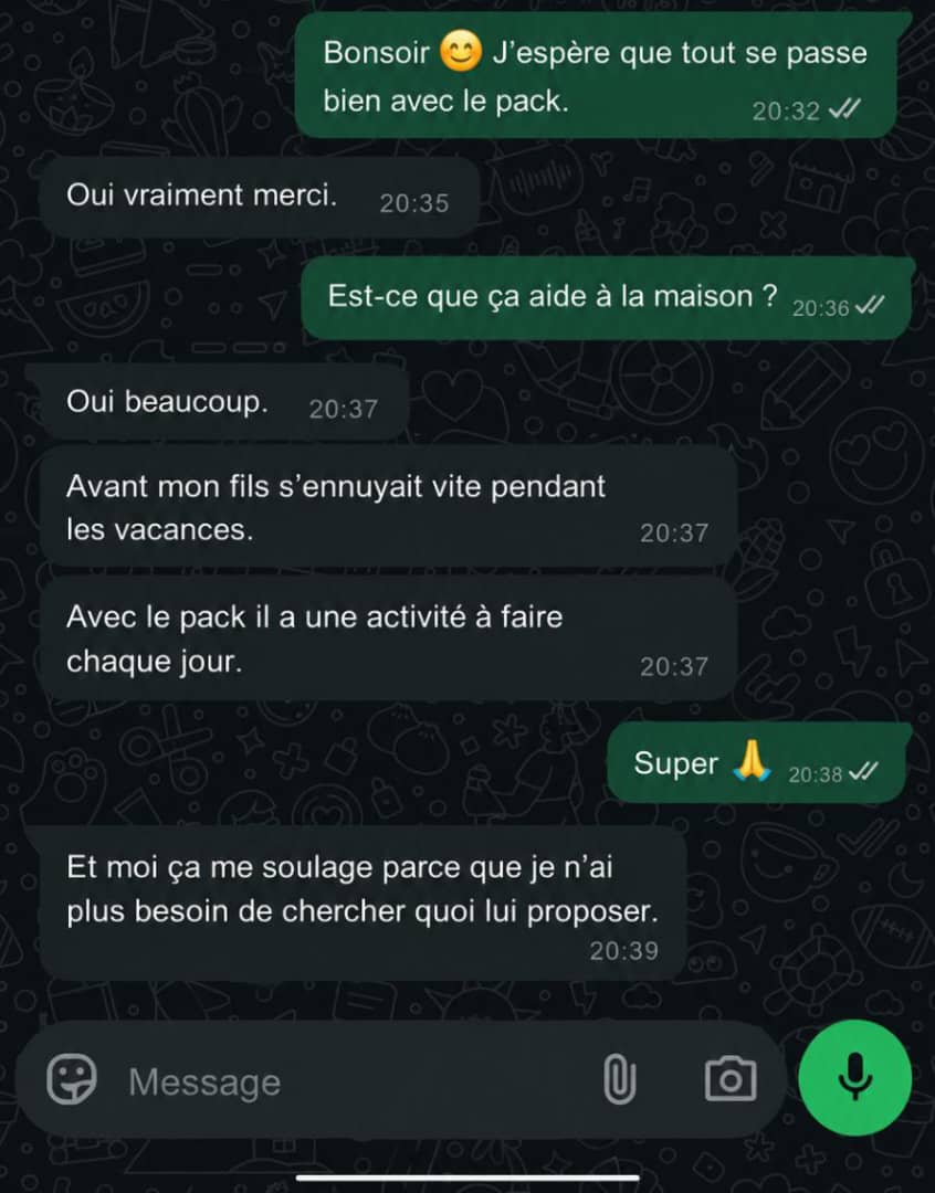 Capture d'ecran WhatsApp d'un parent soulage par le pack