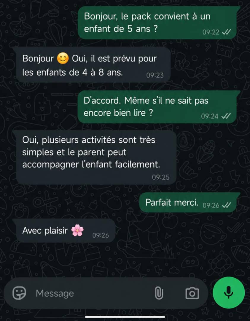 Capture d'ecran WhatsApp d'une question parent sur le pack