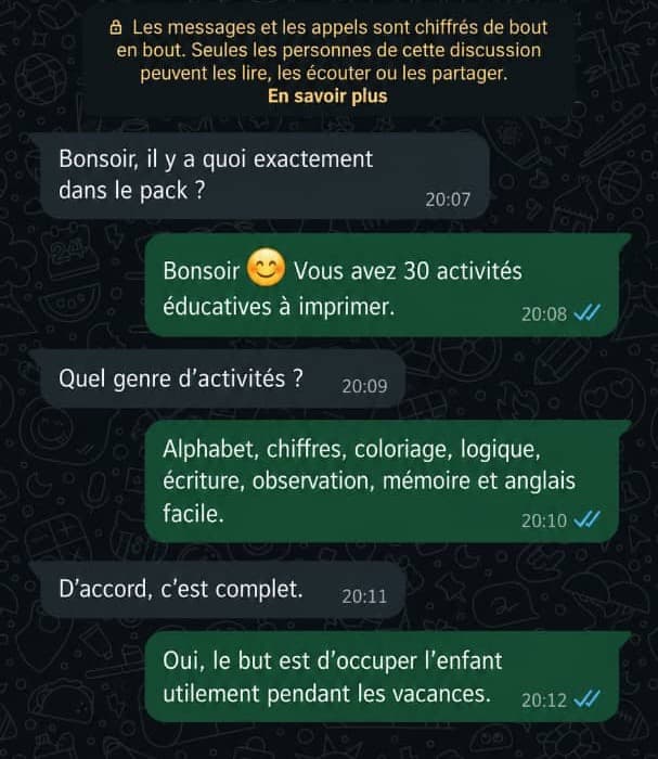 Capture d'ecran WhatsApp d'un parent demandant le contenu du pack