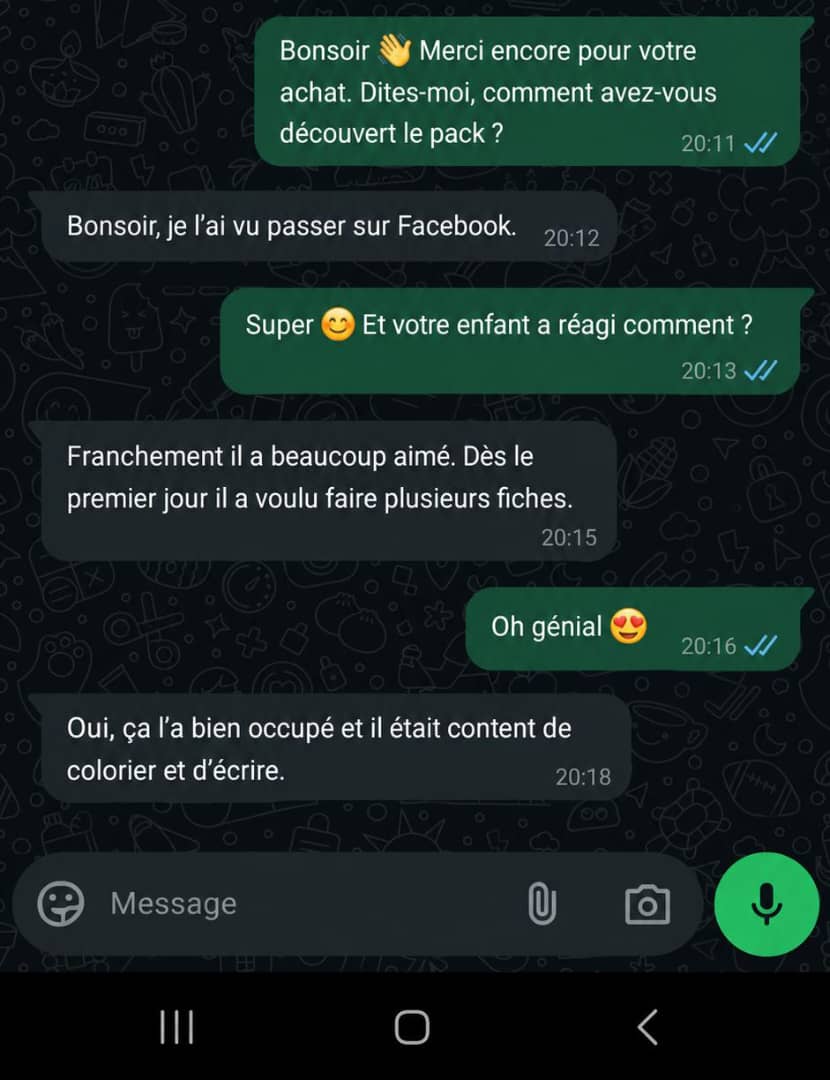 Capture d'ecran WhatsApp d'un parent dont l'enfant a aime le pack