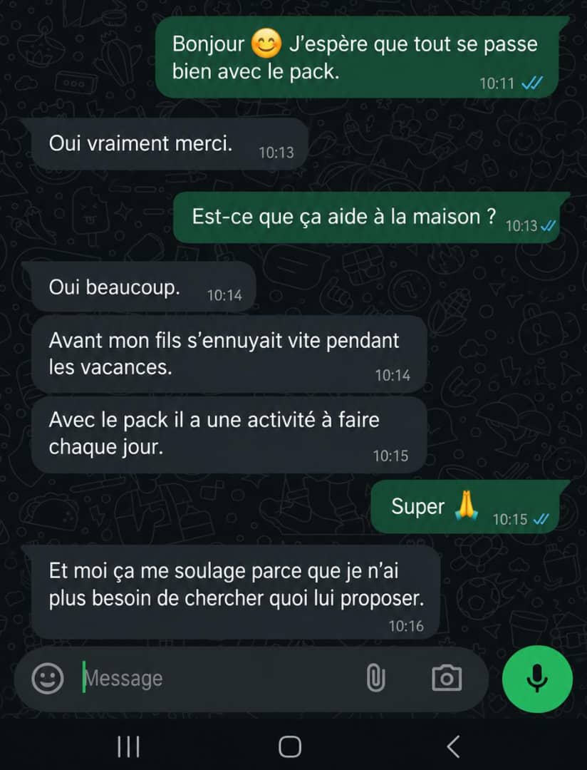 Capture d'ecran WhatsApp d'un parent soulage par les activites