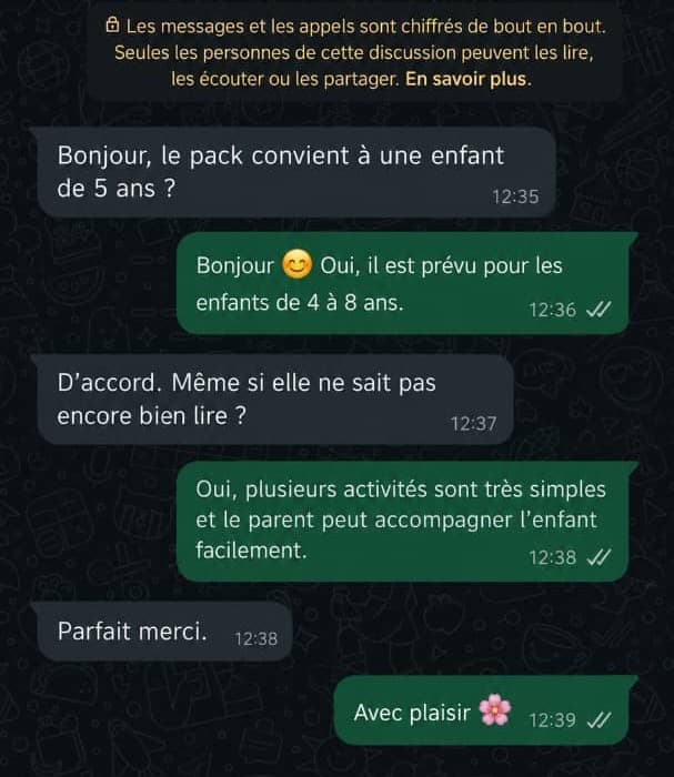 Capture d'ecran WhatsApp d'un parent demandant l'age conseille